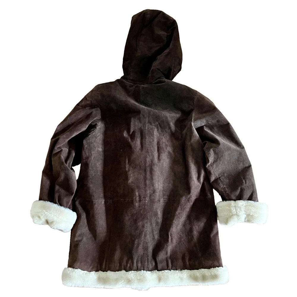 Vintage Wilsons Suede Leather Coat Womens L Brown Faux Fur Trim Hooded Excellent